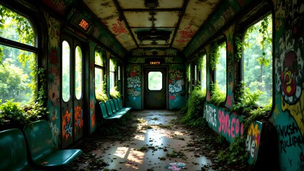 The interior of an abandoned subway car is overgrown with lush green nature and covered in graffiti, creating a post-apocalyptic scene.