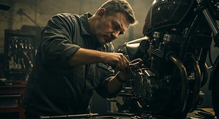 Motorcycle Restoration: Focused Mechanic at Work