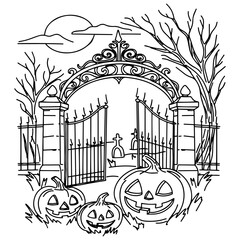 A scary illustration for Halloween coloring with a gothic gate on a cemetery and pumpkins.