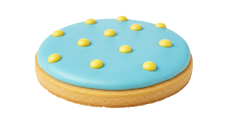 Delicious cookie with blue icing and yellow dots isolated on a clean backdrop, sweet treat for dessert and party favors PNG