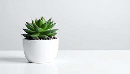 Minimalist Succulent Plant in White Pot with Pebbles on White Table