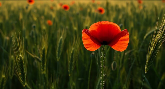 Vibrant red poppy flower in a field of green wheat under warm sunlight - Powered by Adobe