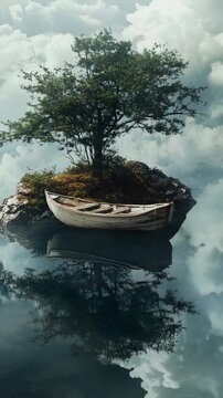 Serene Water Scene with Boat and Tree