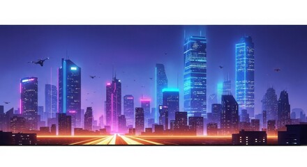 Futuristic cityscape with neon lights a vibrant urban skyline for technology back