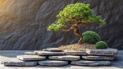 Minimalist garden scene with neatly arranged stones and a single bonsai tree.