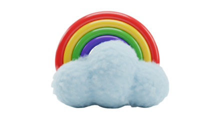 Colorful rainbow with fluffy cloud isolated on transparent background, cheerful toy for kids and decoration