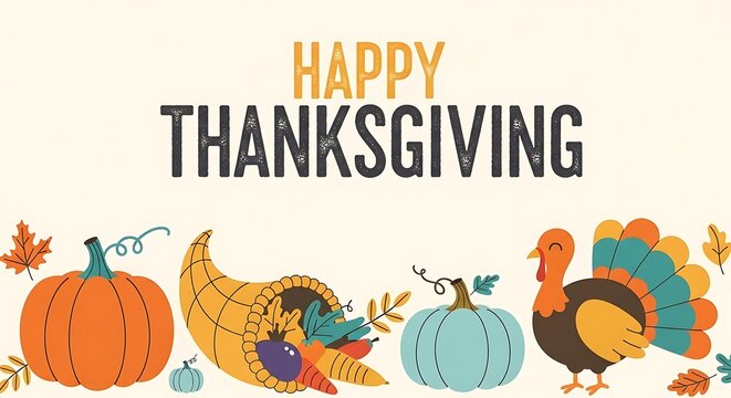 Happy thanksgiving greeting card featuring a festive arrangement of pumpkins a cornucopia overflowing with harvest bounty and a colorful turkey illustration against a light background with autumn leav