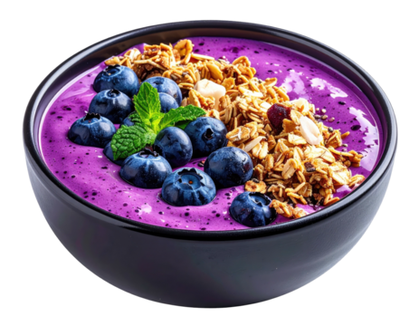 A black bowl holds vibrant, textured, purplish smoothie topped with granola and berries