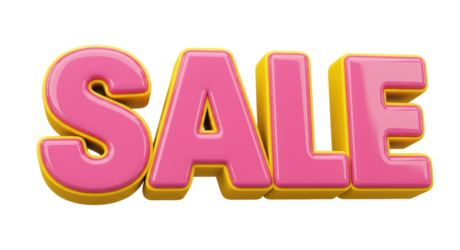 Pink and yellow SALE text isolated on transparent background, 3D rendering promotional design for marketing campaigns and retail events