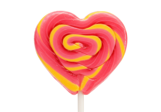 Heart-shaped lollipop with pink and yellow stripes isolated on a clean backdrop, sweet treat for Valentine s Day and candy concepts
