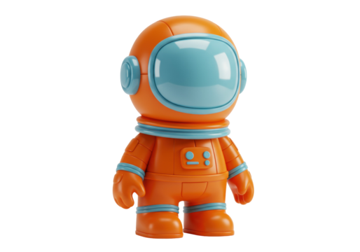 Orange astronaut toy figure isolated PNG, cute spaceman character with blue visor and details for kids design and decoration