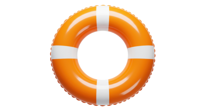 Orange lifebuoy with white stripes isolated PNG, safety equipment for swimming pool or beach rescue on transparent background