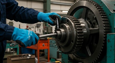 Obraz premium Industrial Mechanic Fine-Tuning Heavy Machinery Gear System