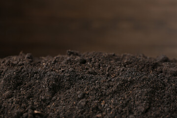 Pile of fresh soil against blurred background, closeup