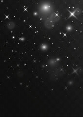 Glowing white sparkle background with shiny light stars and glitter effect on dark transparent surface.