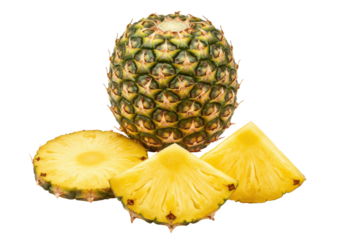 Fresh pineapple with slices PNG isolated on transparent background, tropical fruit for healthy eating and summer designs