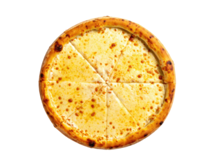 Overhead view of a freshly baked cheese pizza, sliced into eight equal wedges