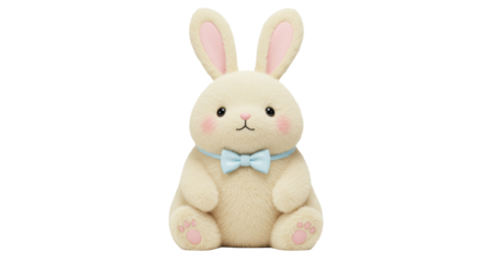 Adorable fluffy bunny with blue bow tie isolated PNG, cute Easter animal on transparent background for holiday design and decoration