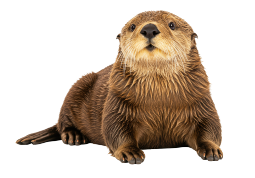 Adorable river otter PNG isolated on transparent backdrop, cute brown animal with whiskers looking up, wildlife mammal