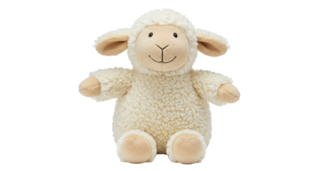Adorable fluffy sheep plush toy isolated, soft lamb stuffed animal for kids and nursery decor PNG