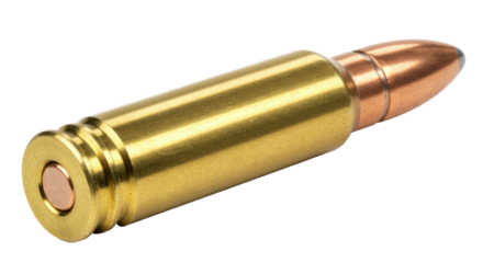 Brass 22 LR bullet isolated on transparent background, rimfire ammunition cartridge for target practice and hunting