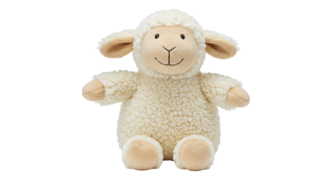 Adorable fluffy sheep plush toy isolated, soft lamb stuffed animal for kids and nursery decor PNG