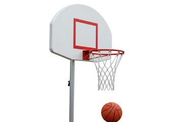 Basketball hoop with net and orange ball isolated, sports equipment for recreation and training on a transparent background PNG