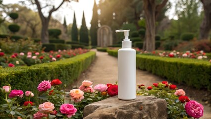 White cosmetic bottle stands elegantly in a rose garden bathed in soft sunlight for skincare ads