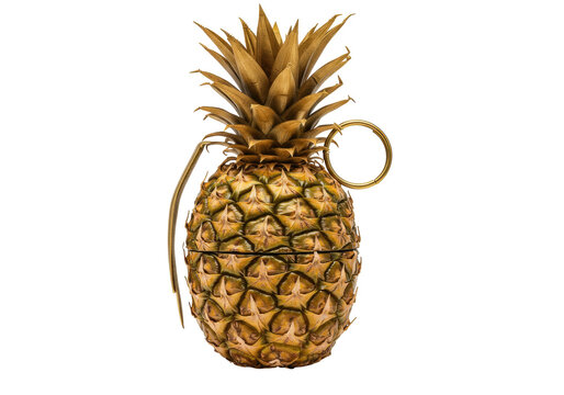 Pineapple grenade isolated on transparent background, conceptual of danger and explosive fruit in PNG format, creative food art