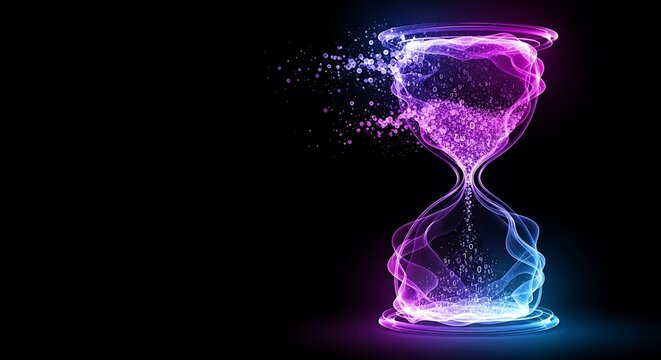 Abstract Hourglass with Flowing Purple and Blue Light and Digital Particles time sand timer