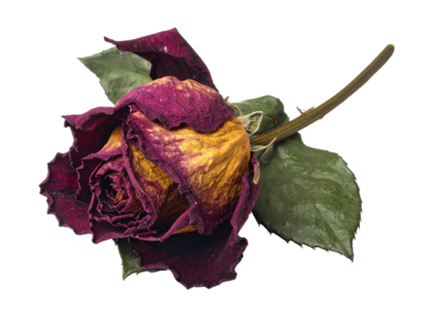 Close-up of a withered rose head, maroon petals, yellow core, and green leaves