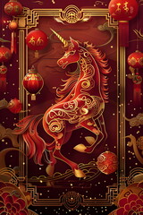 Vertical New Year 2026 poster featuring a large fiery decorative horse with ornate Chinese elements including lanterns, coins, knots, and snowflakes, in red and gold luxury tones, cinematic lighting, 