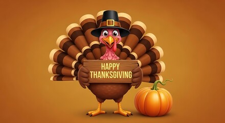 A cheerful cartoon turkey wearing a pilgrim hat holds a wooden sign that says happy thanksgiving next to a small pumpkin on a warm orange background