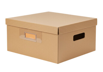 Brown cardboard box with lid isolated on white, storage container for organizing and moving items PNG