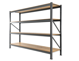 Steel shelving unit with four wooden shelves, angled supports, on black background