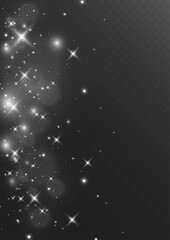 Glowing white sparkle background with shiny light stars and glitter effect on dark transparent surface.