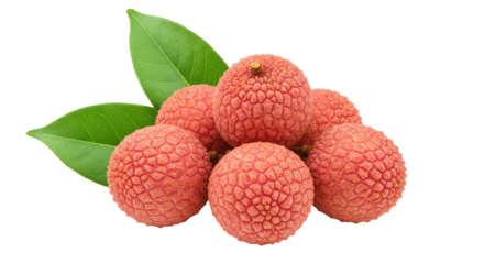 Pile of fresh lychees with green leaves isolated, tropical fruit PNG for healthy eating and exotic food concepts