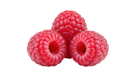 Three vibrant red raspberries isolated on transparent background, fresh and juicy summer fruit