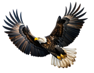 Majestic bald eagle soaring with wings outstretched against a black background