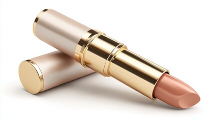 A close-up of a stylish lipstick tube featuring a nude shade, elegantly designed with a shiny gold casing and a textured surface.