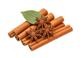 Aromatic cinnamon sticks with star anise and bay leaf isolated, culinary spice for baking and flavoring beverages