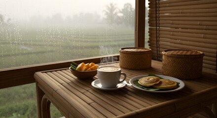Breakfast setup by window overlooking scenic landscape with food and coffee