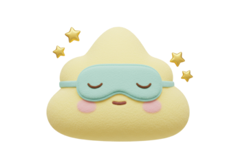 Sleeping poop emoji PNG isolated on transparent background, cute cartoon character with sleep mask and stars for social media and design