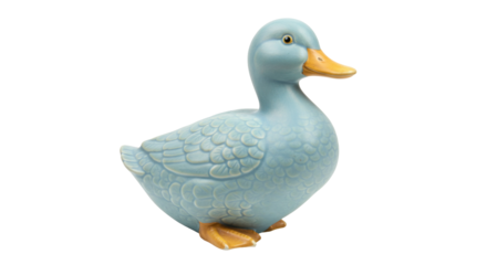 Ceramic duck figurine isolated on transparent background, blue duckling statue for home decor and spring decoration