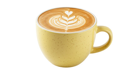 Yellow coffee cup with latte art isolated, cappuccino with heart and leaf design on top for breakfast or cafe menu