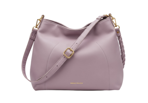 Elegant lavender leather hobo bag isolated, stylish shoulder purse with braided handle and gold hardware on no background