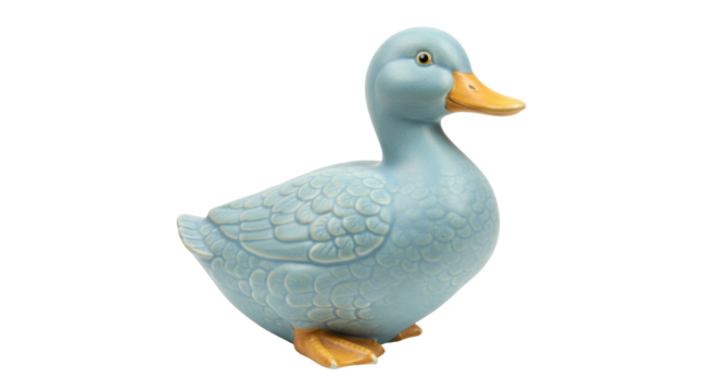 Ceramic duck figurine isolated on transparent background, blue duckling statue for home decor and spring decoration