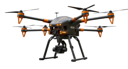 Professional drone with camera isolated on transparent background, unmanned aerial vehicle for photography and videography