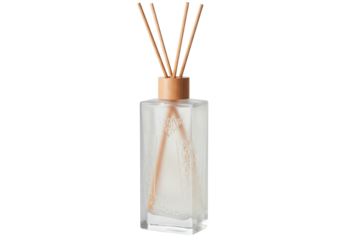 Elegant frosted glass aroma diffuser with wooden sticks isolated, home fragrance air freshener on transparent background