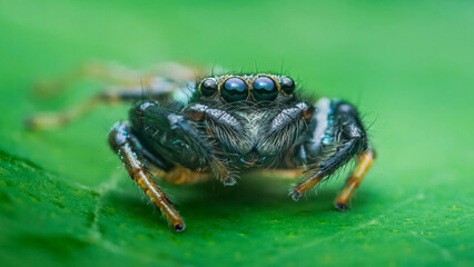 Jumping spider watching with large eyes on green leaf